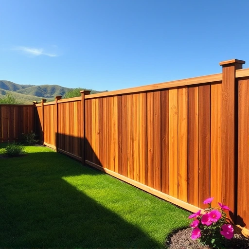 Redwood fence installation in Knoxville TN with rich wood grain, clean lines, lush grass, and vibrant flowers.