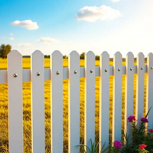 Scalloped picket fence installation in Knoxville TN with white finish, sunny lawn, flowers, and blue sky background.