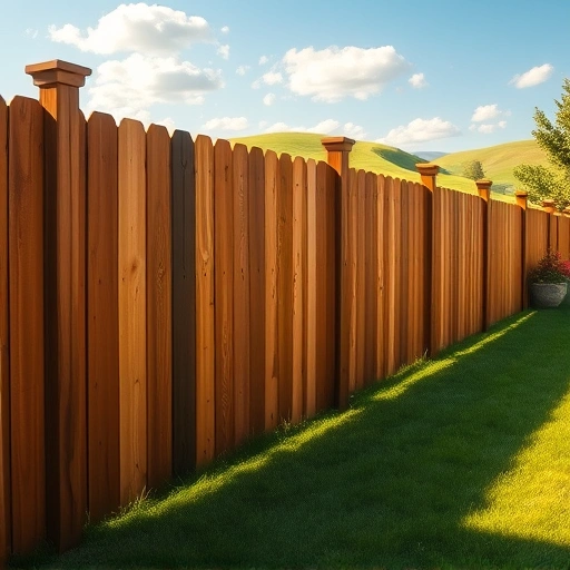 Freshly treated wooden fence in Knoxville TN, rich brown finish, lush lawn, rolling hills, clear blue sky, serene atmosphere.