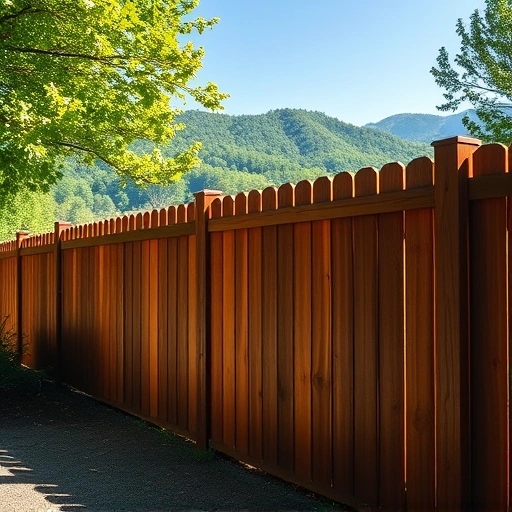 Completed wood fence installation in Gatlinburg TN surrounded by lush trees and rolling hills under clear blue sky.