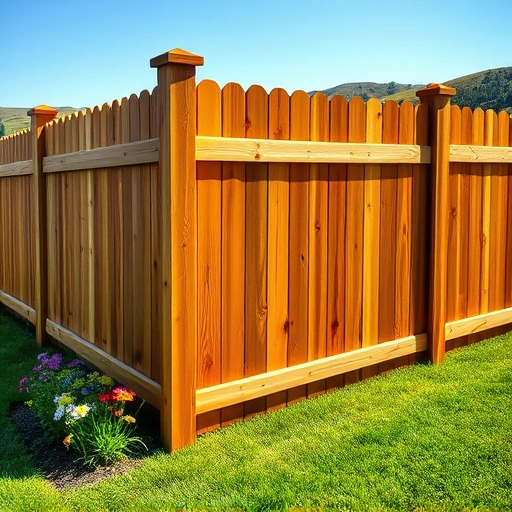 Completed cedar wood fence in Oliver Springs TN surrounded by green lawn and wildflowers under a clear blue sky.