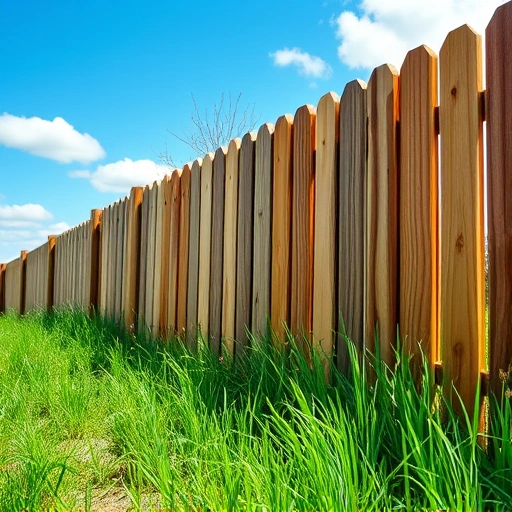 Completed wooden fence post replacement in Knoxville TN with lush greenery, vibrant grass, and clear blue sky.