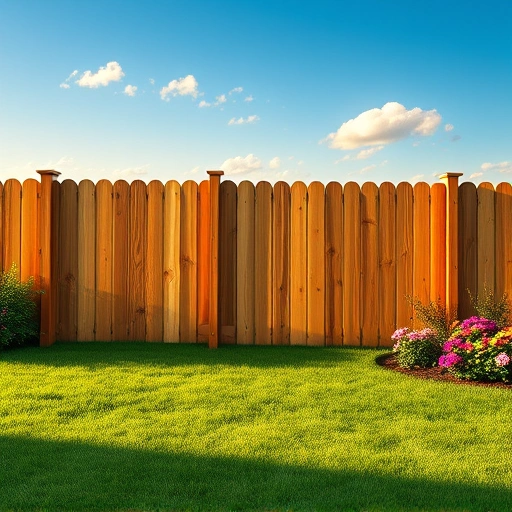 Perfectly crafted wooden fence in Harriman TN, surrounded by lush grass and colorful flowers under golden sunlight.