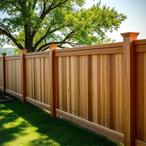 Stylish wooden fence in Tellico Village TN, blending with lush greenery and a serene lake backdrop under clear skies.