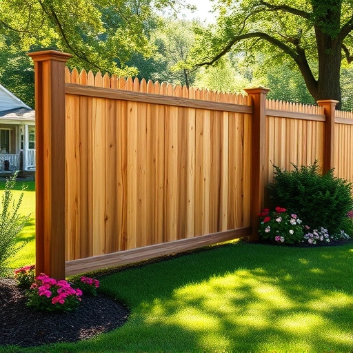 Completed cedar wood fence installation in Norris TN surrounded by vibrant flowers and lush landscaping.