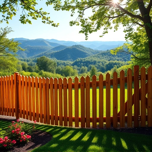 Stunning wooden fence curves around a lush backyard in Pigeon Forge, TN, with Smoky Mountains in the background.