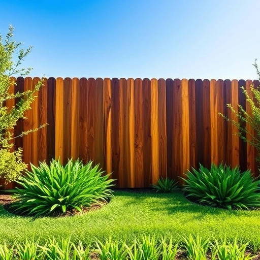 Freshly stained wooden fence in Knoxville TN, surrounded by green plants and blue sky, showcasing quality craftsmanship.