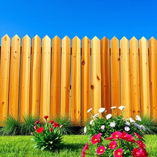 Completed cedar fence installation in Knoxville TN surrounded by a vibrant garden and clear blue sky.