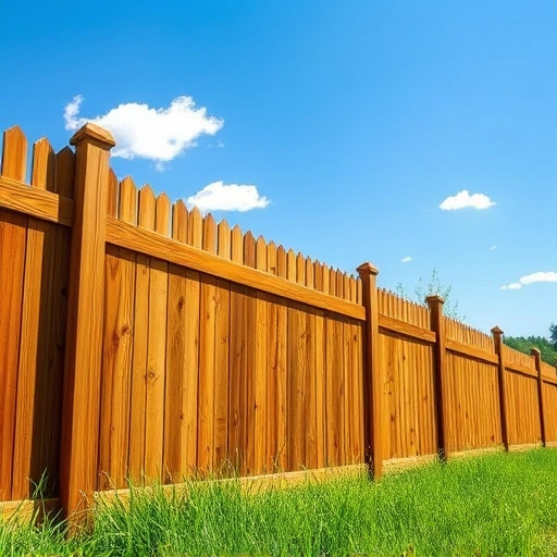 Beautiful wooden fence installation in Norris TN, showcasing rich grain patterns against lush grass and blue sky.
