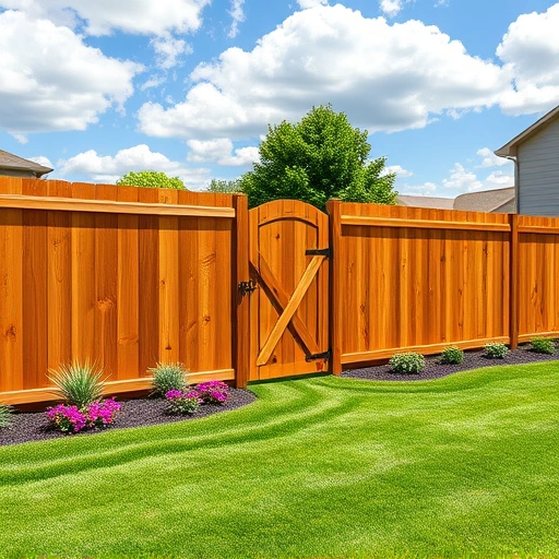 Completed cedar wood fence installation in Andersonville TN with lush grass and vibrant flower beds under a blue sky.