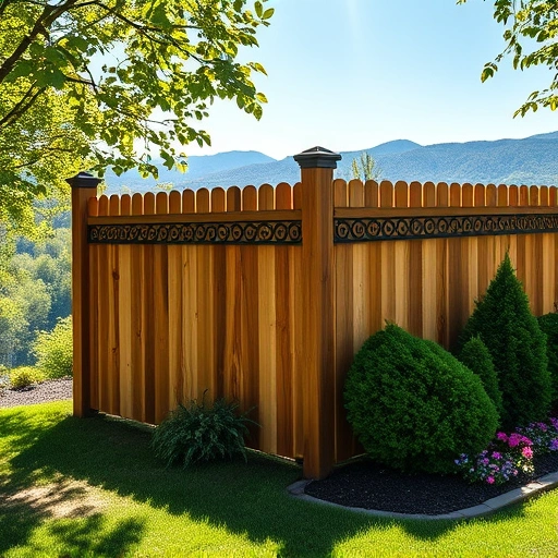 Completed wooden fence installation in Pigeon Forge TN with metal accents, lush greenery, and vibrant garden flowers.