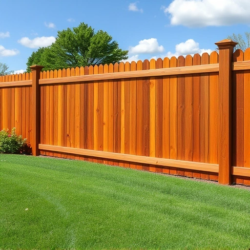 Manicured yard in Knoxville TN with a new brown wooden fence, lush grass, wildflowers, and a blue sky background.
