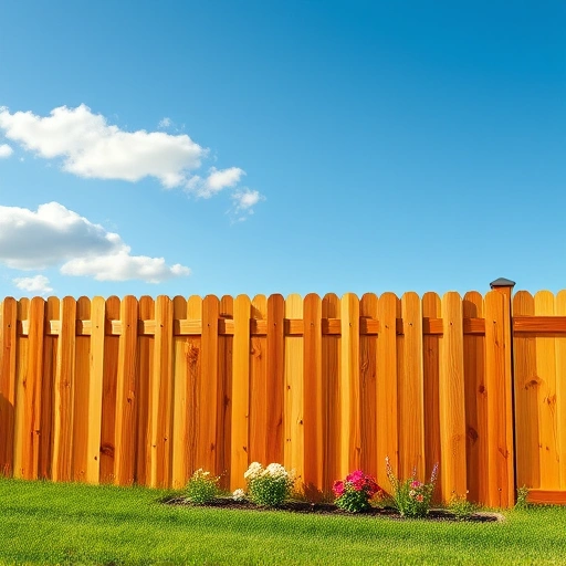 Completed wood fence installation in Rockwood TN with stained panels, green grass, flowers, and blue sky backdrop.