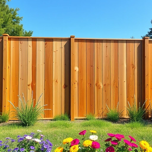 Completed wooden privacy fence in Andersonville TN, surrounded by green grass and vibrant wildflowers under a clear blue sky.