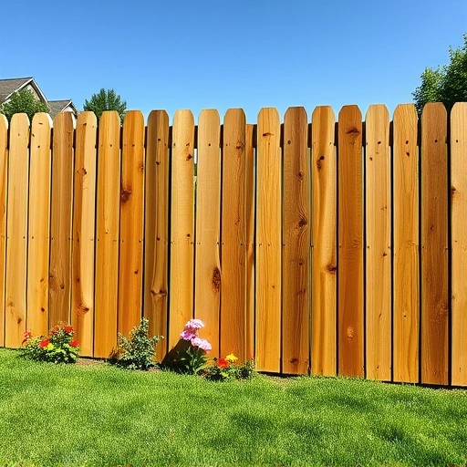 Completed wooden fence installation in Clinton TN surrounded by lush lawn, flowers, and a clear blue sky.
