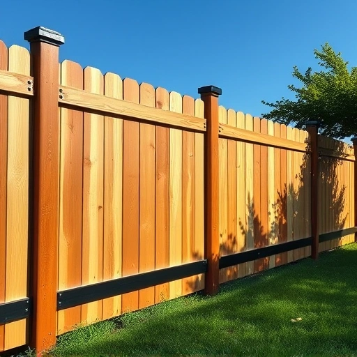Completed fencing project in Morristown TN featuring wooden and metal elements against lush greenery and blue sky.