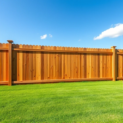 Completed wood fence installation in Jefferson City TN with natural wood, lush lawn, and clear blue sky background.