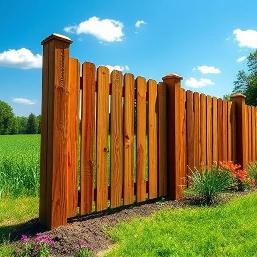 Completed wooden fence post replacement in Knoxville TN surrounded by green grass and vibrant wildflowers under blue sky