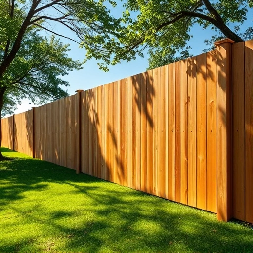 Completed wood fence installation in New Tazewell TN surrounded by green lawn and distant hills under a clear blue sky.