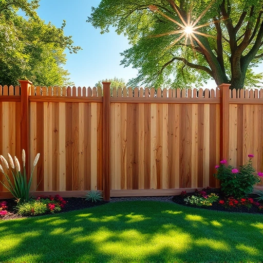 Completed cedar wood fence in Jacksboro TN, surrounded by a lush lawn and colorful flower beds under a blue sky.