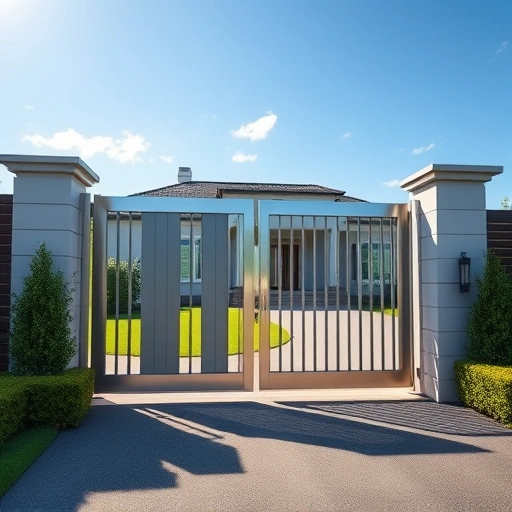 Completed sliding gate installation in Knoxville TN, showcasing polished metal finish and manicured landscape details.