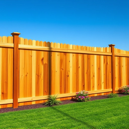 Completed wood fence installation in Seymour TN with warm tones, lush lawn, and vibrant flower beds under a clear blue sky.