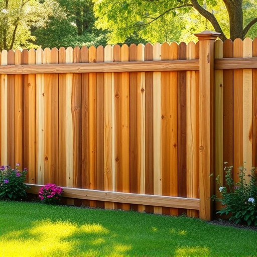 Beautiful wooden fence installation in Lenoir City TN surrounded by green grass and vibrant flowers under sunlight.