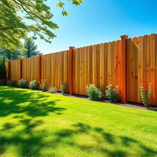 Completed wooden fence in Rutledge TN, surrounded by a lush lawn and vibrant flowers under a clear blue sky.
