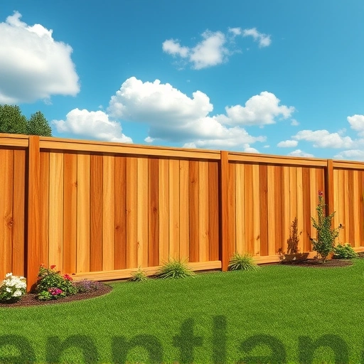 Completed wooden privacy fence in Mascot TN surrounded by a lush lawn and vibrant flowers under a clear blue sky.