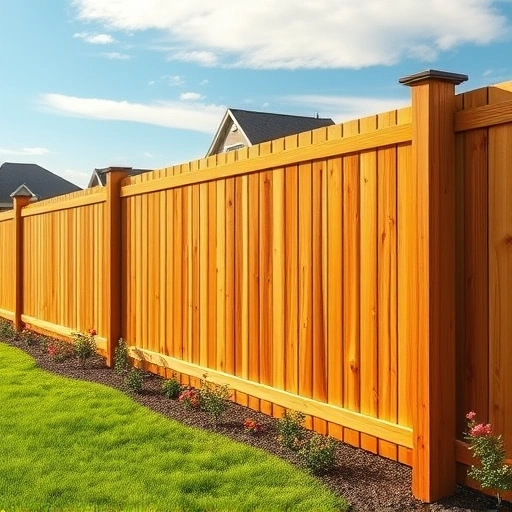 Completed cedar wood fence installation in Rutledge TN surrounded by vibrant flowers and a well-kept lawn.