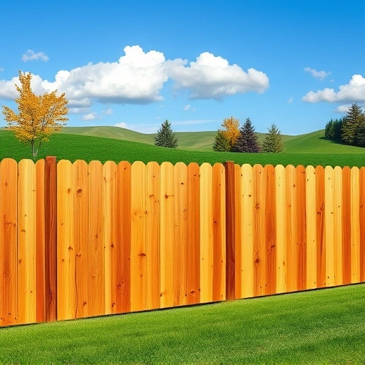 Completed cedar wood fence in Morristown TN, surrounded by green grass and rolling hills under a clear blue sky.