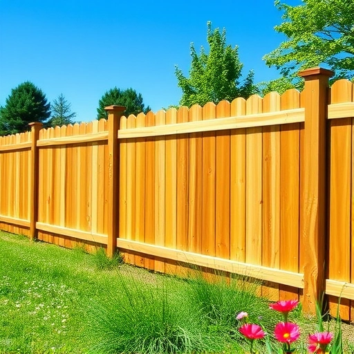 Serene scene in Knoxville TN featuring a well-crafted wooden fence, lush green lawn, and clear blue sky.