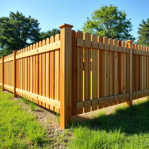 Completed wooden fence post replacement in Knoxville TN with rich wood grain, vibrant grass, and serene landscape.