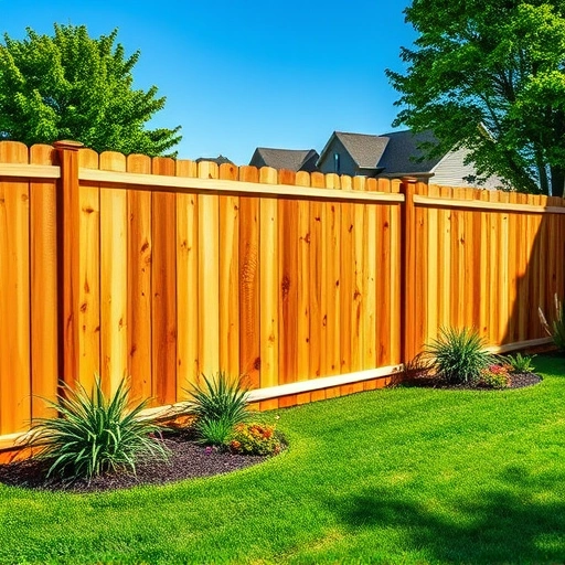Freshly installed wooden fence panel in Knoxville TN, surrounded by vibrant lawn and flower beds under clear blue sky.