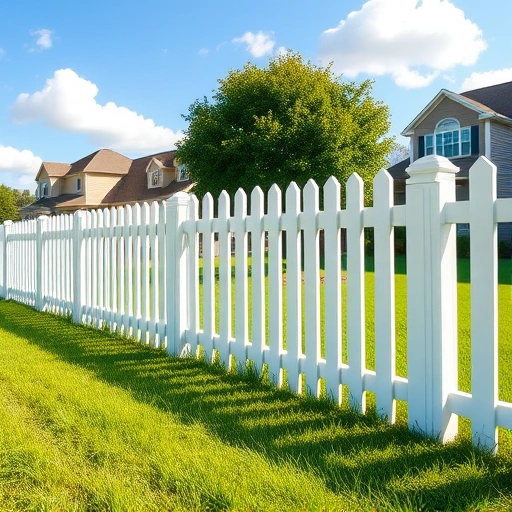 Dog-ear picket fence installation in Knoxville TN with white panels, manicured lawn, and suburban homes under blue sky.