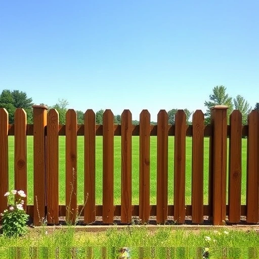 Wooden picket fence in Knoxville TN with rich brown stain, lush lawn, wildflowers, and clear blue sky.