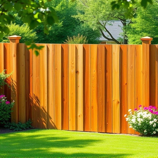 Sturdy wooden fence installation in Rockwood TN, framed by a lush lawn and vibrant blooming flowers.