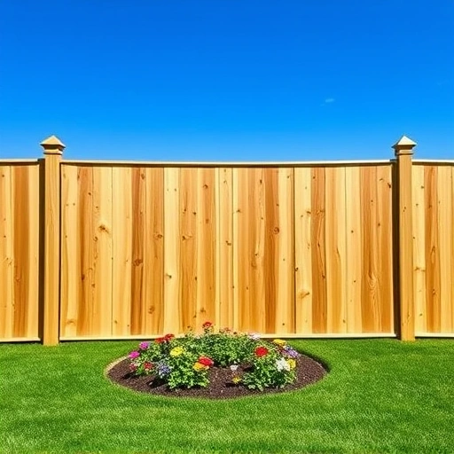 Beautiful wooden fence installation in Kingsport TN with colorful flowerbed and vibrant green lawn under a clear blue sky.