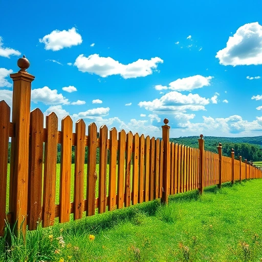Wooden fence in Knoxville TN with warm brown tones, decorative caps, lush grass, wildflowers, and blue sky.