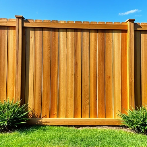 Completed wooden privacy fence installation in Knoxville TN with lush grass, landscaping, and a clear blue sky.