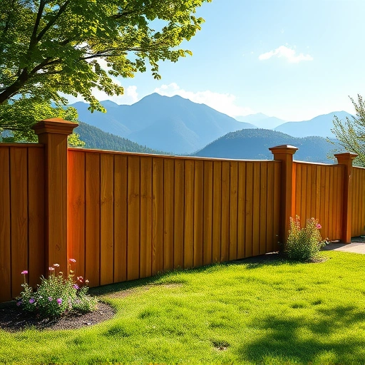 Completed wooden fencing project in Pigeon Forge TN with vibrant wildflowers and Smoky Mountains in background.