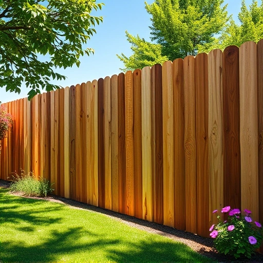 Completed wood fence installation in Kingston TN, showcasing craftsmanship amidst a vibrant garden and blue sky.