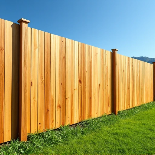 Beautiful wooden fence installation in Jacksboro TN, surrounded by lush lawn and serene landscape under a clear blue sky.