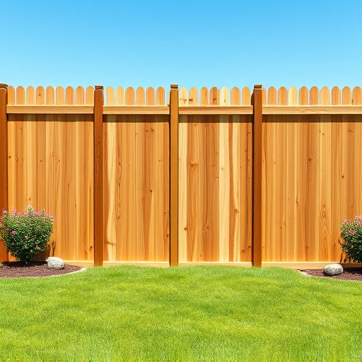 Stockade fence installation in Knoxville TN with cedar panels, green lawn, blue sky, and flowering shrubs.