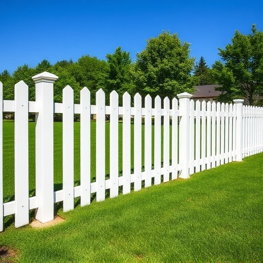Completed white picket fence in Knoxville TN with vibrant green lawn and clear blue sky enhances suburban charm.
