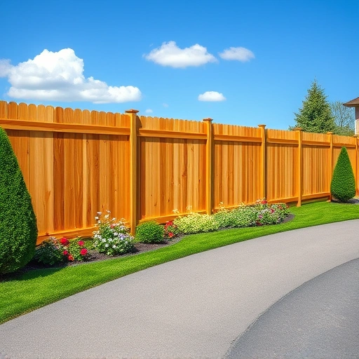 Completed wooden fence installation in Maynardville TN beside a manicured lawn and colorful flower beds.