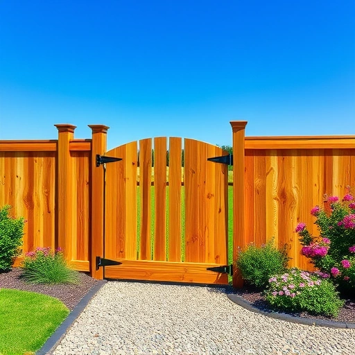Beautifully crafted wooden fence in Mascot TN, surrounded by lush lawn, vibrant flowers, and clear blue sky.
