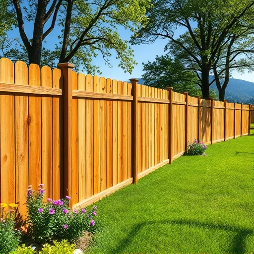 Completed wooden fence installation in Tazewell TN surrounded by lush lawn and wildflowers under a clear blue sky.