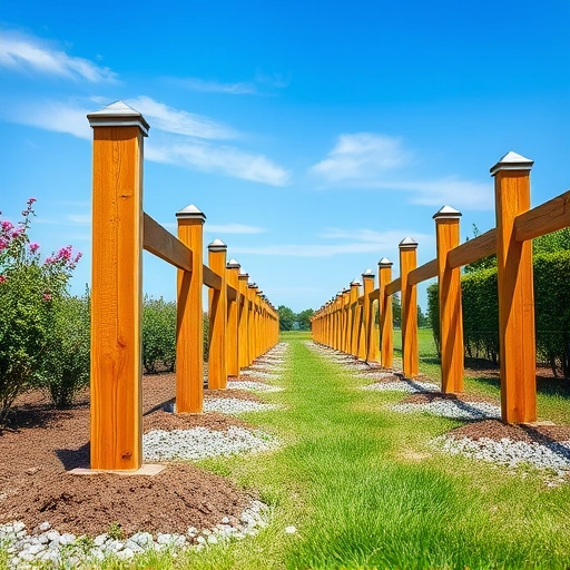 Perfectly installed wooden fence posts with metal caps in Knoxville TN, surrounded by soil, gravel, grass, and shrubs.