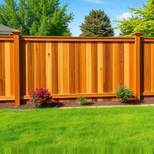 Completed wood fence installation in Kingsport TN with rich color, manicured lawn, and vibrant flower beds.